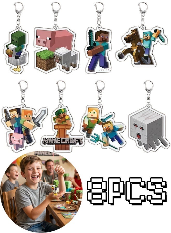 MINECRAFT 8 Pcs Minecraft Game Character Acrylic Keychains Set Pixel Pattern Pendant Key Rings, Backpack Bag Hanging Ornament Collectible Birthday Gift for Kids Boys Girls Game Fans - Image 1