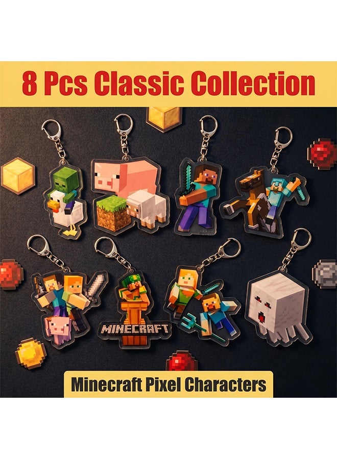 MINECRAFT 8 Pcs Minecraft Game Character Acrylic Keychains Set Pixel Pattern Pendant Key Rings, Backpack Bag Hanging Ornament Collectible Birthday Gift for Kids Boys Girls Game Fans - Image 3