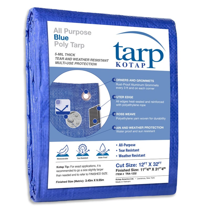 Kotap 12 x 32 Ft. All-Purpose Multi-Use Protection/Coverage 5-mil Poly Tarp, Waterproof, Blue, (TRA-1232) - Image 1