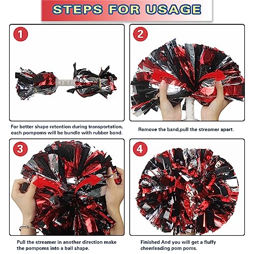 Lovecheer 2PCS Black and Red and Silver Metallic Pom Poms Cheerleading with Handle for Dance Party Sports Team Spirits - Image 5