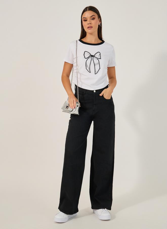 Styli Round Neck Embellished Bow Detail T-Shirt  - Image 2