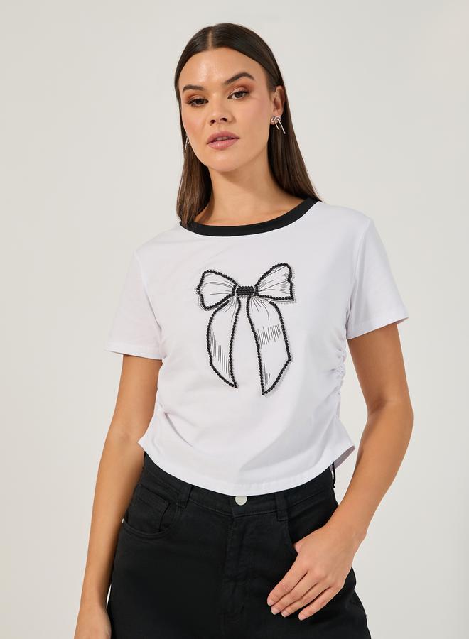Styli Round Neck Embellished Bow Detail T-Shirt  - Image 1