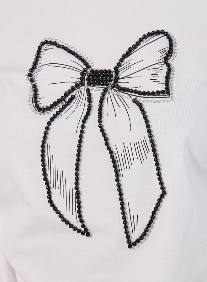 Styli Round Neck Embellished Bow Detail T-Shirt  - Image 3