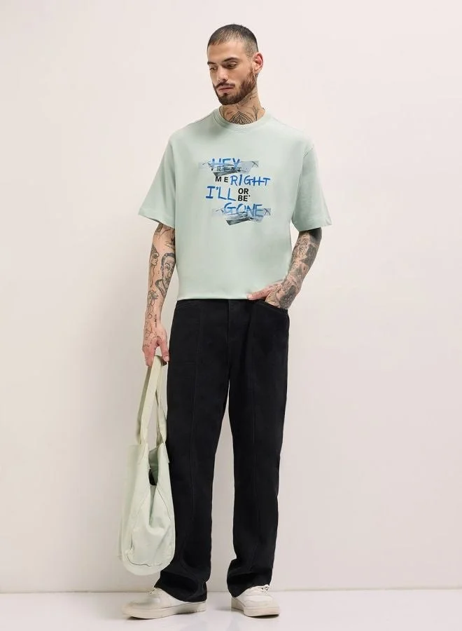 THE BEAR HOUSE  Men's Light Green Graphic Print Oversize Crew Neck T-shirt Perfect For Casual Wear, Gym, Travel, Or Layering Stylish And Versatile Essential For Every Wardrobe for Men | Best Price UAE