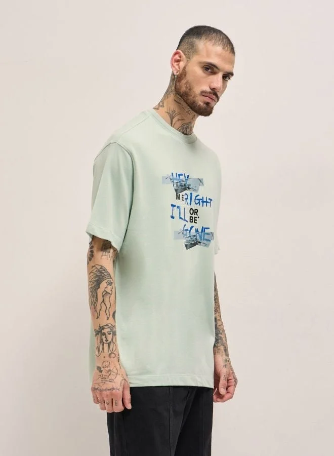 THE BEAR HOUSE  Men's Light Green Graphic Print Oversize Crew Neck T-shirt Perfect For Casual Wear, Gym, Travel, Or Layering Stylish And Versatile Essential For Every Wardrobe for Men | Best Price UAE
