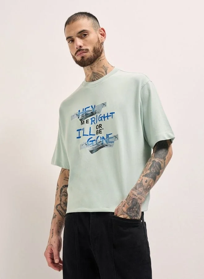Men's Light Green Graphic Print Oversize Crew Neck T-shirt Perfect For Casual Wear, Gym, Travel, Or Layering Stylish And Versatile Essential For Every Wardrobe