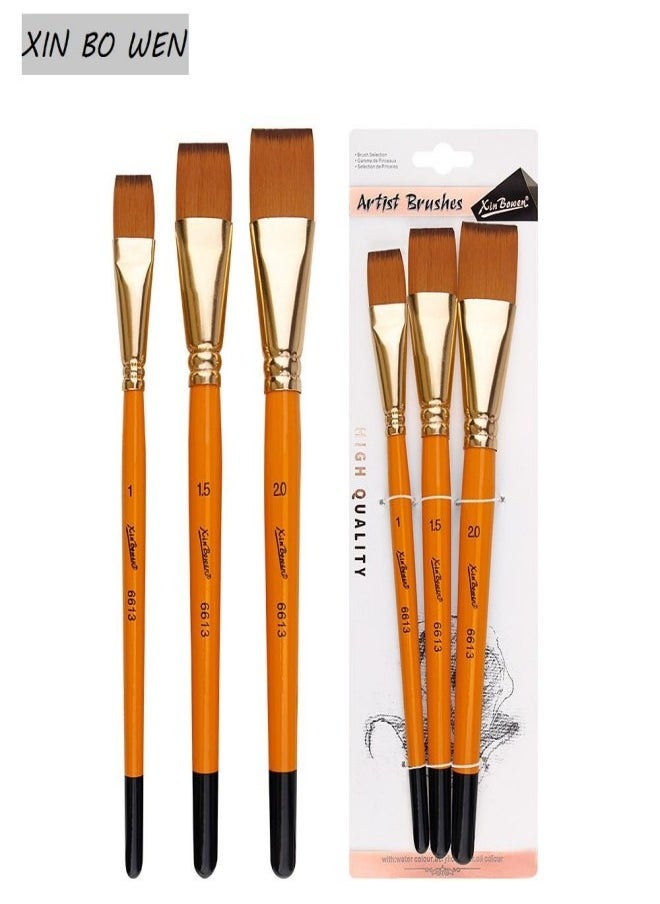 Xinbowen - 3-Piece Short Handle Nylon Brush Set – Flat Brushes for Watercolor, Acrylic, and Oil Painting - Image 1