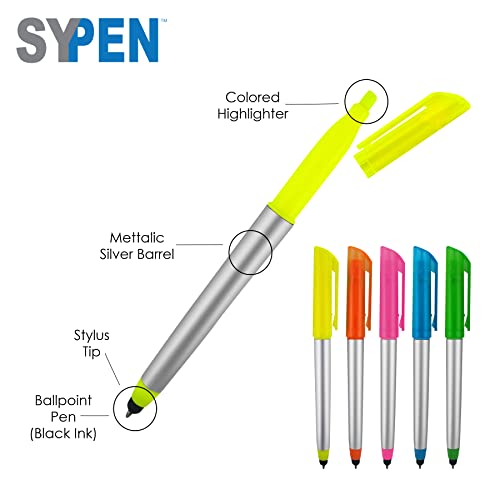 SyPen Stylus Ballpoint Pen with Highlighter Tips, 3 in 1 Combo Stylus for Touchscreens, Writing Pen and Highlighter, Black Ink, Pack of 5 - Image 2