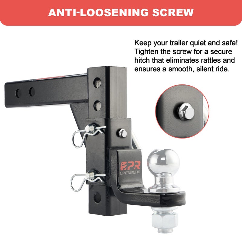 OPENROAD Adjustable Trailer Hitch Ball Mount, Fits 2-Inch Receiver, 1-Inch Hole, 7500lbs, 9-1/2" Drop/ 8-1/4" Rise Drop Hitch, Tow Hitch for Heavy Duty Truck with Secure Screw-in Pin & R-Clip - Image 2