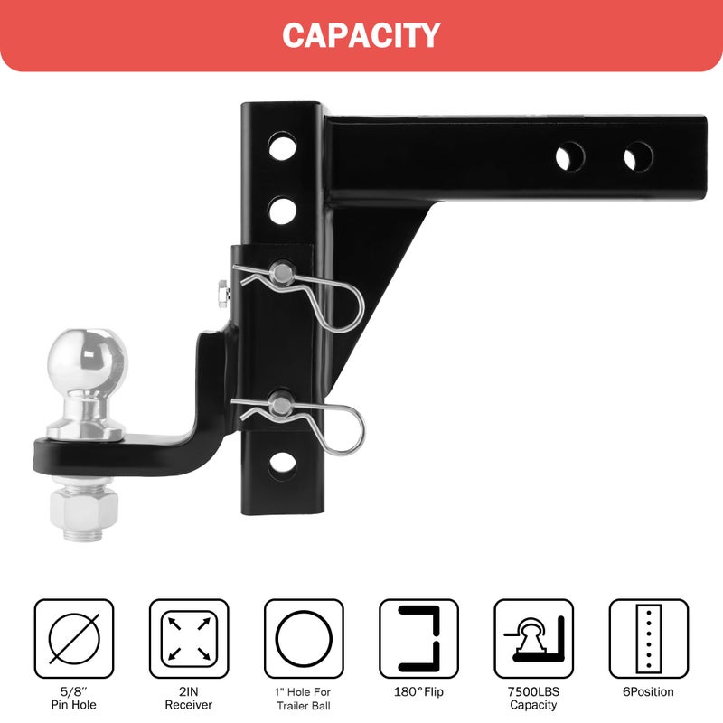 OPENROAD Adjustable Trailer Hitch Ball Mount, Fits 2-Inch Receiver, 1-Inch Hole, 7500lbs, 9-1/2" Drop/ 8-1/4" Rise Drop Hitch, Tow Hitch for Heavy Duty Truck with Secure Screw-in Pin & R-Clip - Image 3
