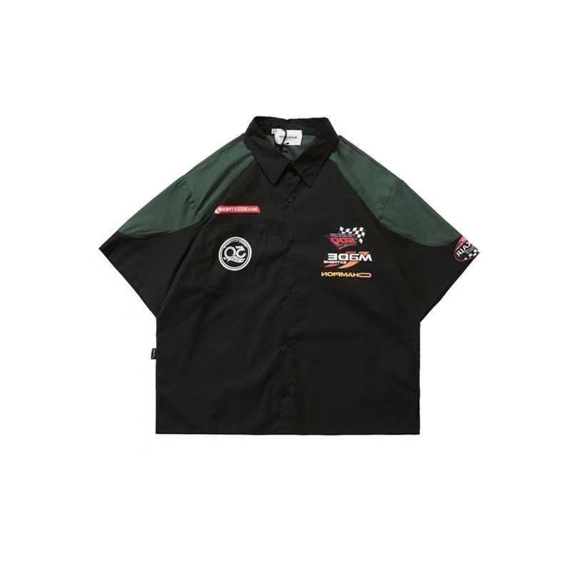Generic Fried Street Ins Summer Motorcycle Retro Thin American Style Trendy Brand hiphop Shirt Mens Short Sleeve Racing Suit Loose Shirt 61 black printed style