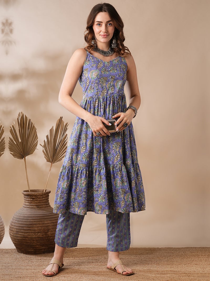 globus Globus Women Purple & Green Floral Printed Pleated Pure Cotton Kurta With Trousers  - Image 1