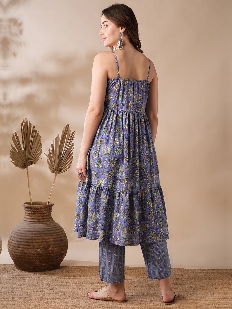 globus Globus Women Purple & Green Floral Printed Pleated Pure Cotton Kurta With Trousers  - Image 3