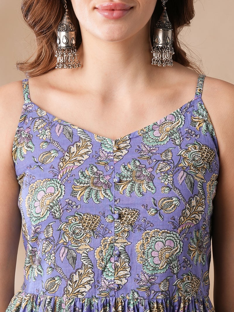 globus Globus Women Purple & Green Floral Printed Pleated Pure Cotton Kurta With Trousers  - Image 4