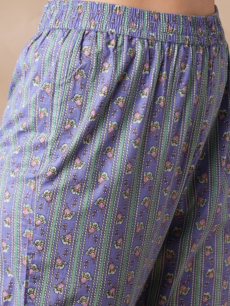 globus Globus Women Purple & Green Floral Printed Pleated Pure Cotton Kurta With Trousers  - Image 5