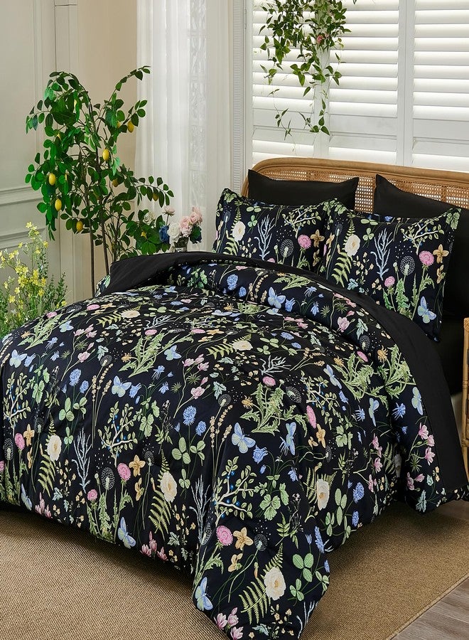 Yiran Black Green Floral Comforter Set Queen Size, 7 Piece Botanical Comforter Bedding Set, Farmhouse Bed in a Bag, Soft Microfiber Complete Bedding Set with Sheets for All Season - Image 2