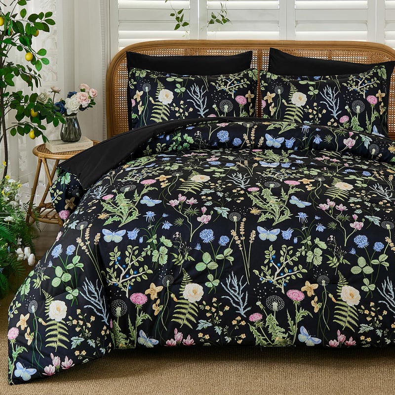 Yiran Black Green Floral Comforter Set Queen Size, 7 Piece Botanical Comforter Bedding Set, Farmhouse Bed in a Bag, Soft Microfiber Complete Bedding Set with Sheets for All Season - Image 1