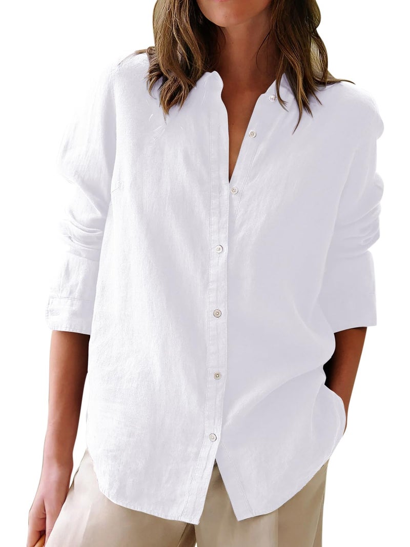 Aoudery Button Down Shirts for Women Cotton Oxford Shirts Long Sleeve Dress Shirts Collared Blouses Work Casual Solid Tunic Tops - White XS - Image 1