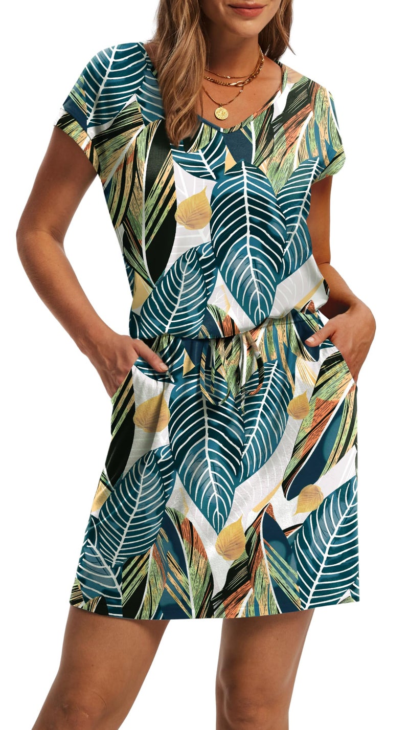OFEEFAN Womens Summer Dresses 2026 Spring Tshirt Dress Sundresses V Neck Tie Front A-Line Beach Vacation Clothes Cruise Outfits Print Blue Leaf L - Image 3