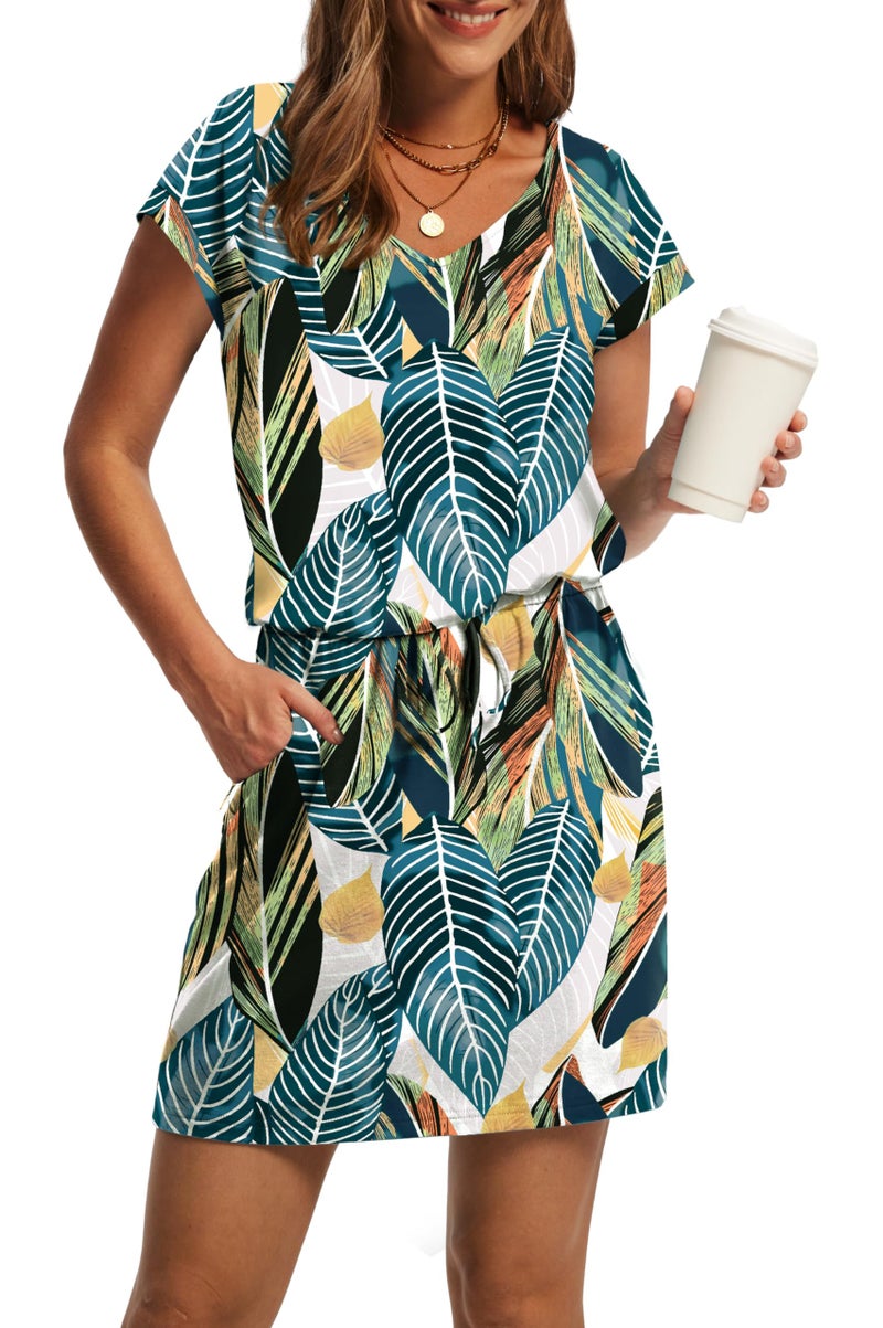 OFEEFAN Womens Summer Dresses 2026 Spring Tshirt Dress Sundresses V Neck Tie Front A-Line Beach Vacation Clothes Cruise Outfits Print Blue Leaf L - Image 1