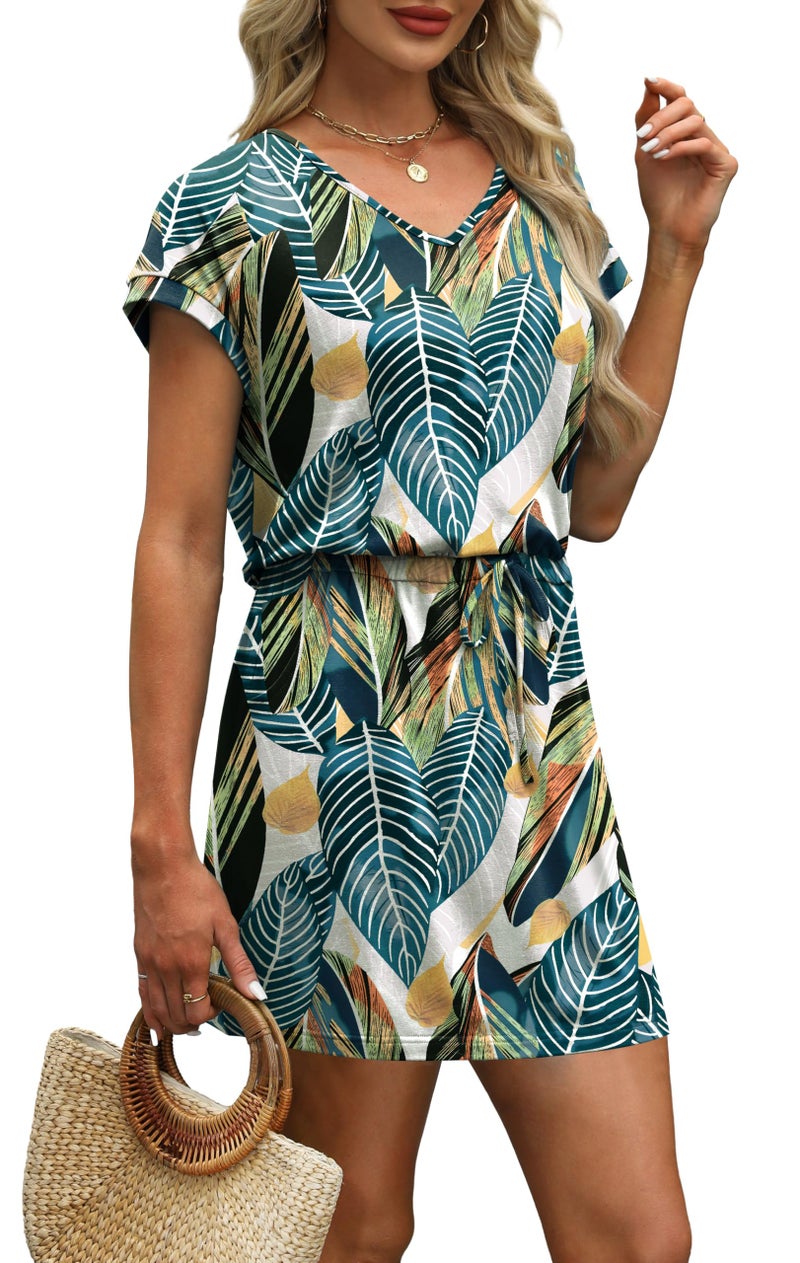 OFEEFAN Womens Summer Dresses 2026 Spring Tshirt Dress Sundresses V Neck Tie Front A-Line Beach Vacation Clothes Cruise Outfits Print Blue Leaf L - Image 4