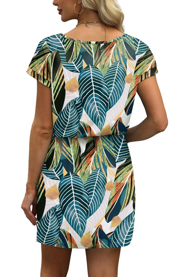 OFEEFAN Womens Summer Dresses 2026 Spring Tshirt Dress Sundresses V Neck Tie Front A-Line Beach Vacation Clothes Cruise Outfits Print Blue Leaf L - Image 5
