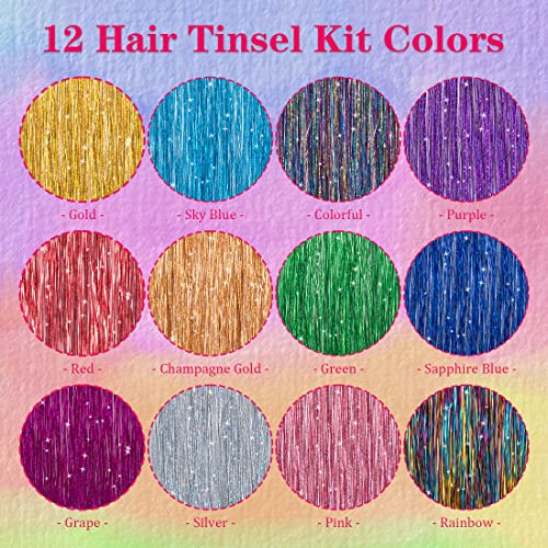 Gladmissu Hair Tinsel kit Fairy Hair Tinsel Kit 47 Inch Hair Extensions Hair Tinsel Kit Strands with Tool 12 Colors 2280 Strands Sparkling Glitter Fairy Hair Tinsel (12 Colors) - Image 2