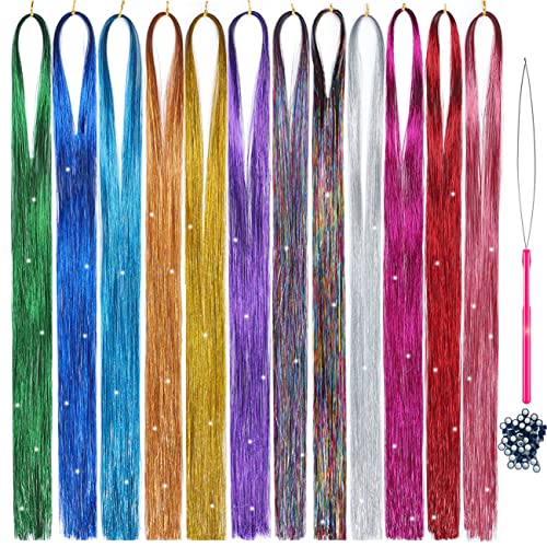 Gladmissu Hair Tinsel kit Fairy Hair Tinsel Kit 47 Inch Hair Extensions Hair Tinsel Kit Strands with Tool 12 Colors 2280 Strands Sparkling Glitter Fairy Hair Tinsel (12 Colors) - Image 1
