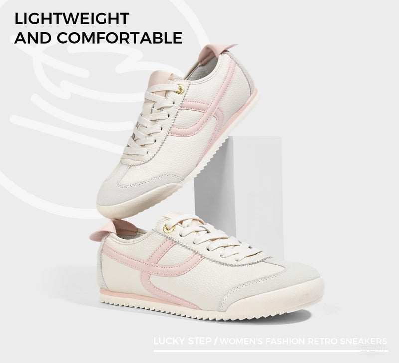 LUCKY STEP Women's Retro Fashion Sneakers Thin Sole Casual Walking Lightweight Tennis Trainers Running Gym Workout Classic Comfortable Athletic Shoes(Beige/Pink,7) - Image 5