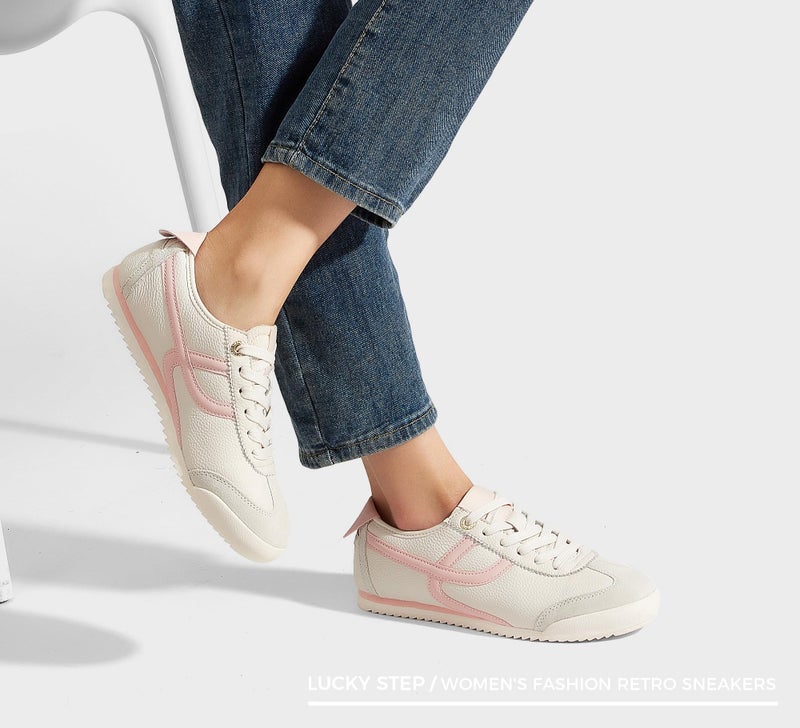 LUCKY STEP Women's Retro Fashion Sneakers Thin Sole Casual Walking Lightweight Tennis Trainers Running Gym Workout Classic Comfortable Athletic Shoes(Beige/Pink,7) - Image 2
