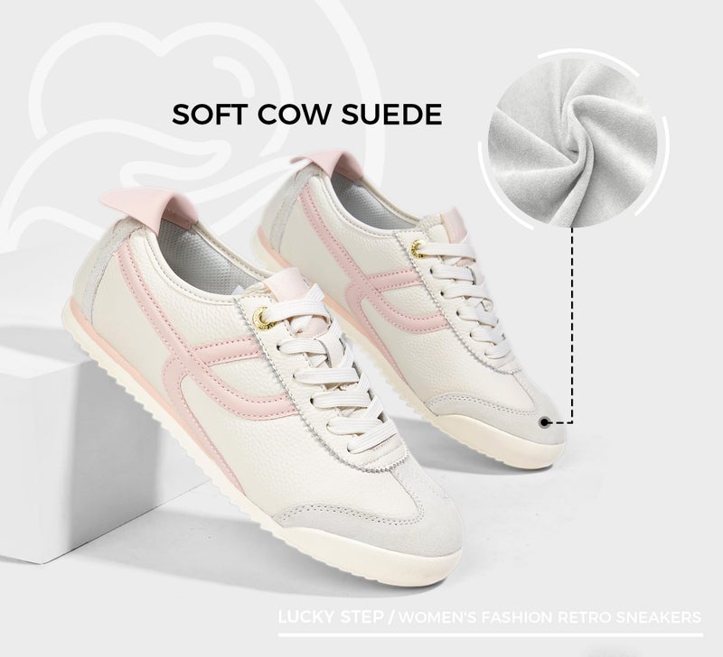 LUCKY STEP Women's Retro Fashion Sneakers Thin Sole Casual Walking Lightweight Tennis Trainers Running Gym Workout Classic Comfortable Athletic Shoes(Beige/Pink,7) - Image 4