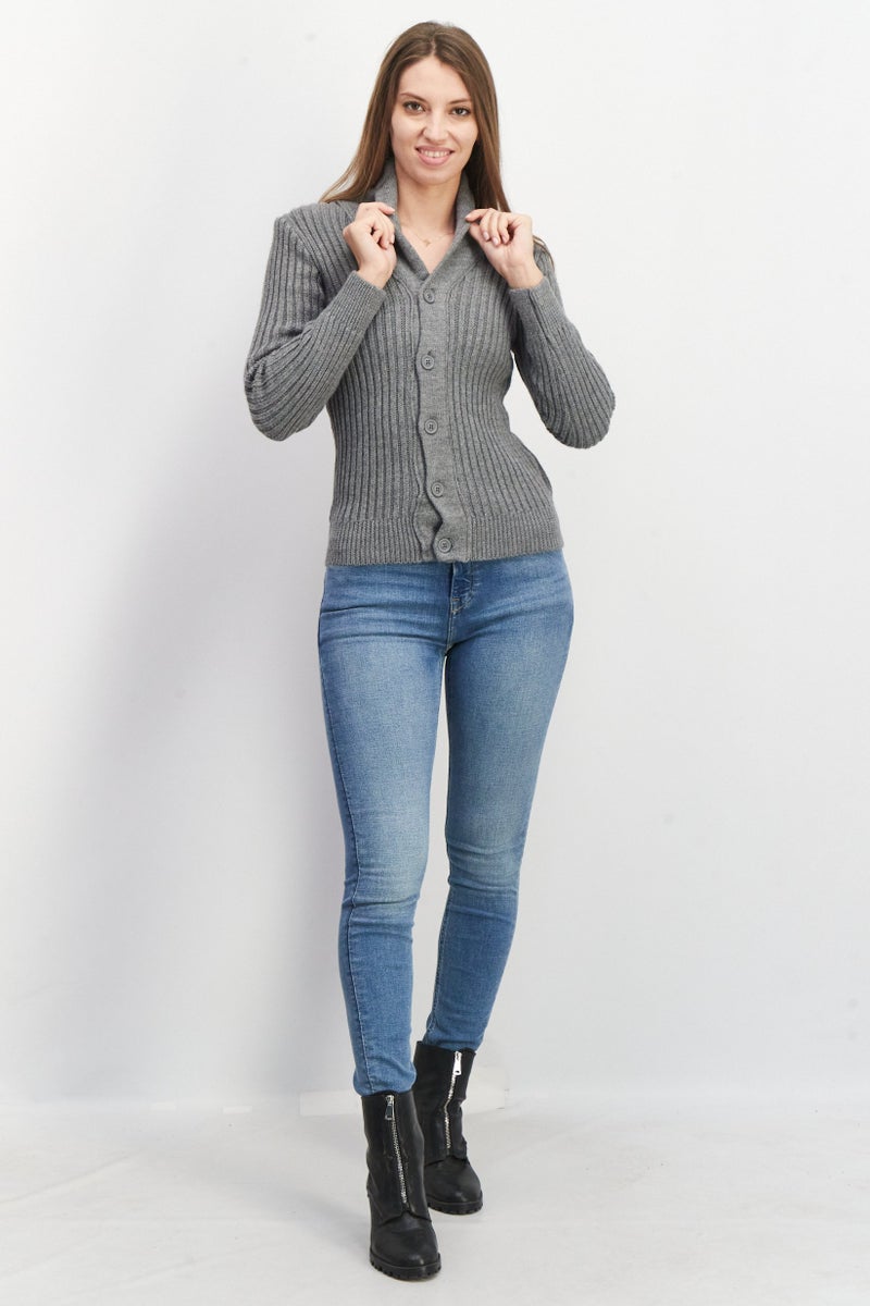 Celio Women Shawl Lapel Long Sleeve Textured Sweater, Grey - Image 4