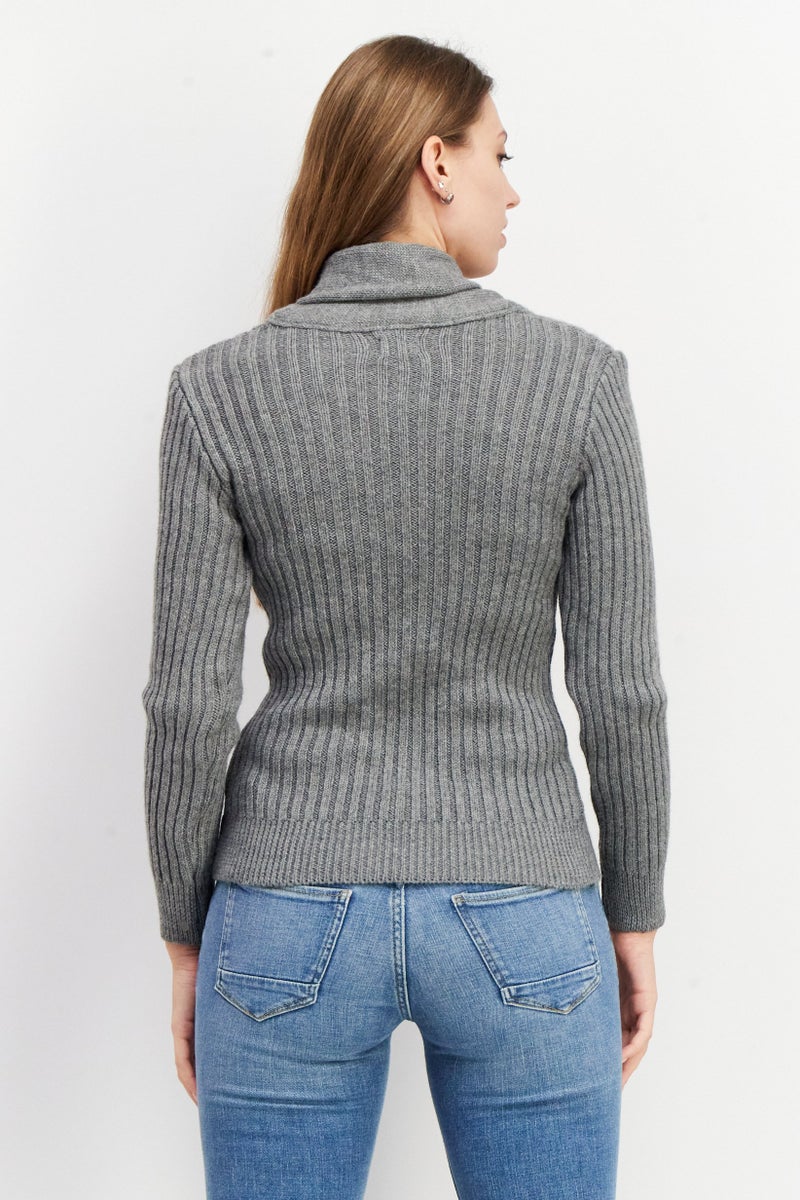 Celio Women Shawl Lapel Long Sleeve Textured Sweater, Grey - Image 2