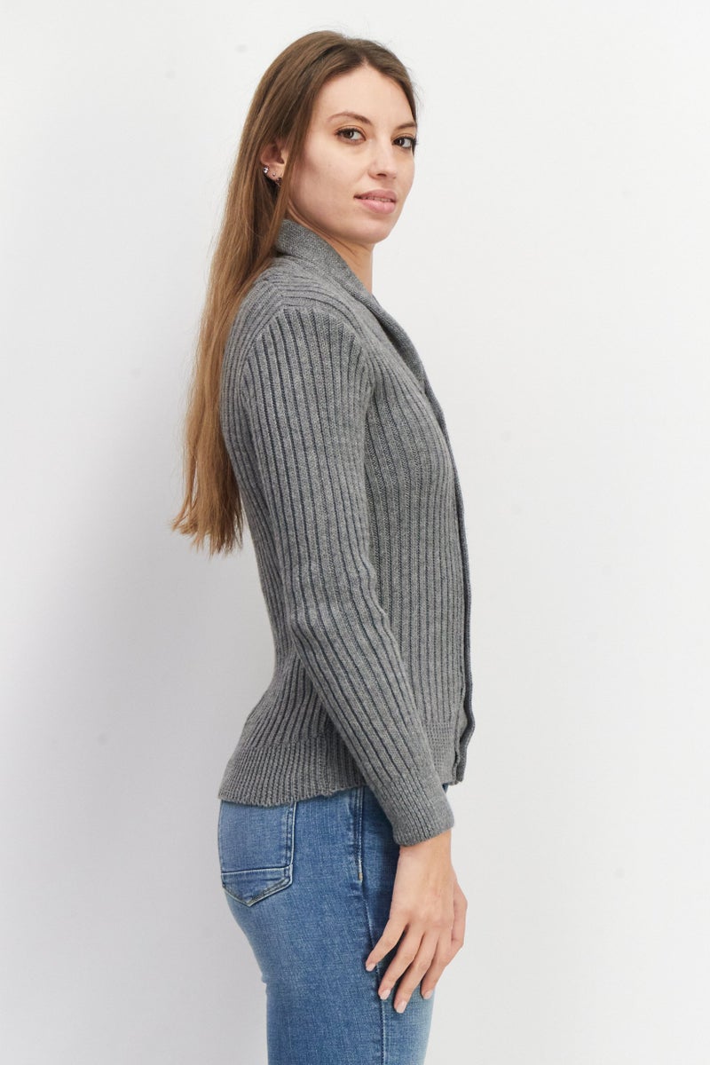 Celio Women Shawl Lapel Long Sleeve Textured Sweater, Grey - Image 3