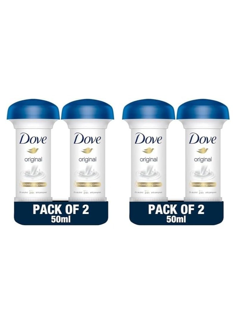 Dove Women Antiperspirant Deodorant Cream, for 24H Protection, Original, Alcohol Free with ¼ Moisturising Cream, 50ml, Pack of 4