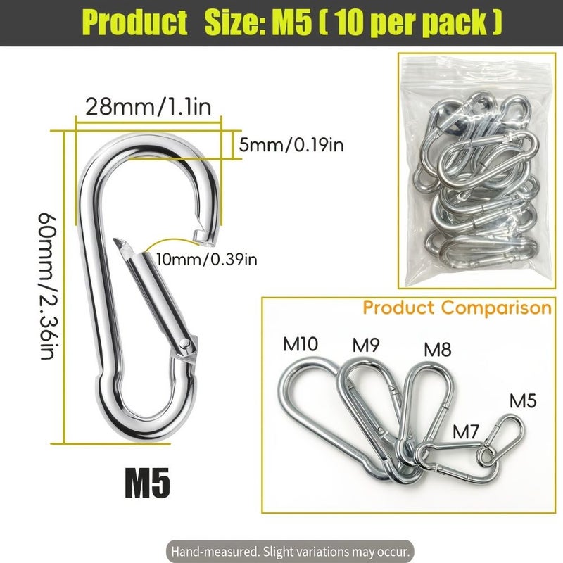60mm L x 5mm Thick Galvanized Steel Heavy Duty Carabiner Hooks 10pcs High Strength Quick Link Spring Snap Hook for Swing Hammock Gym Hiking Camping Dog Leash - Image 2
