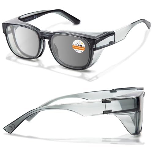 LianSan Photochromic Safety Glasses Over Eyeglasses for Men&Women - Fit Over Glasses with UV400&Scratch Resistant Lenses ANSI Z87(Grey,Light Grey Lens) - Image 1