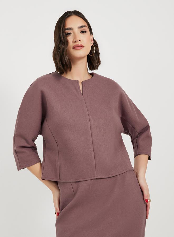 Styli Split Neck Crop Top With 3/4 Sleeves - Image 1