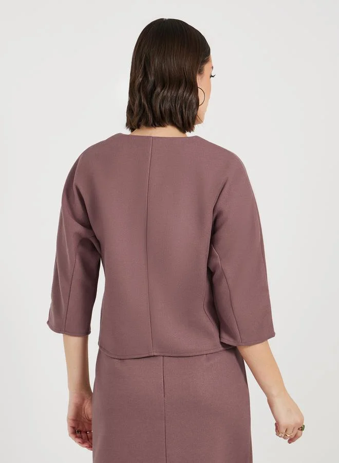 Styli Split Neck Crop Top with 3/4 Sleeves