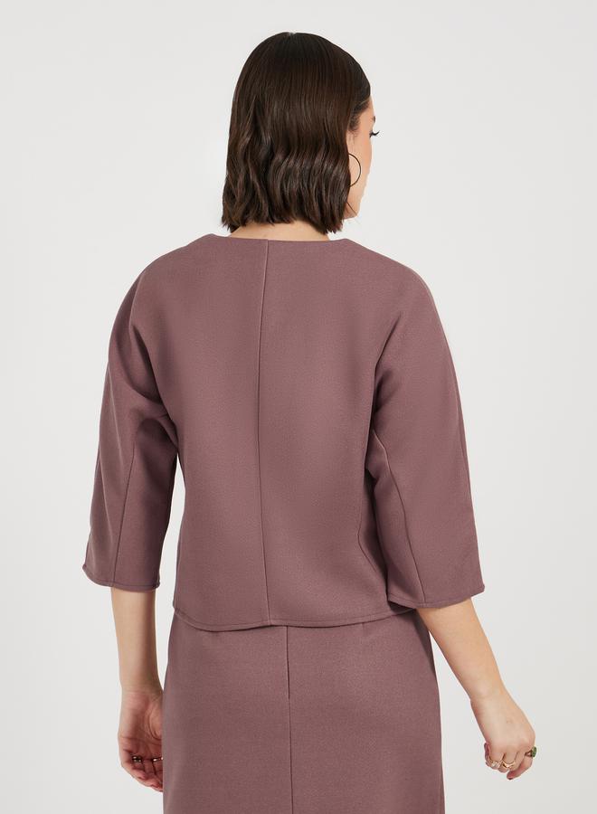 Styli Split Neck Crop Top With 3/4 Sleeves - Image 4