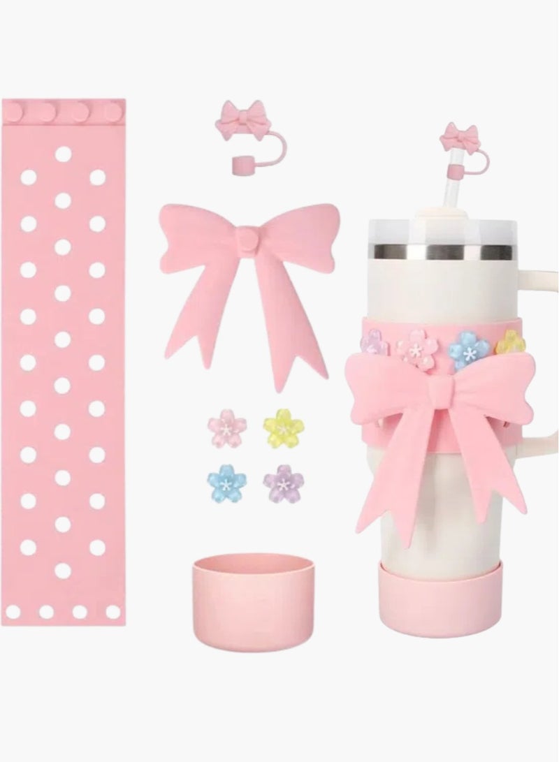UrbanNest 8 Pcs Water Bottle Accessories Set, For Stanley Cup 40oz Tumblers Protection, DIY Decoration Including Silicone Straw Cover Cap Topper, Sleeve, Charms, Boot, Pink - Image 1