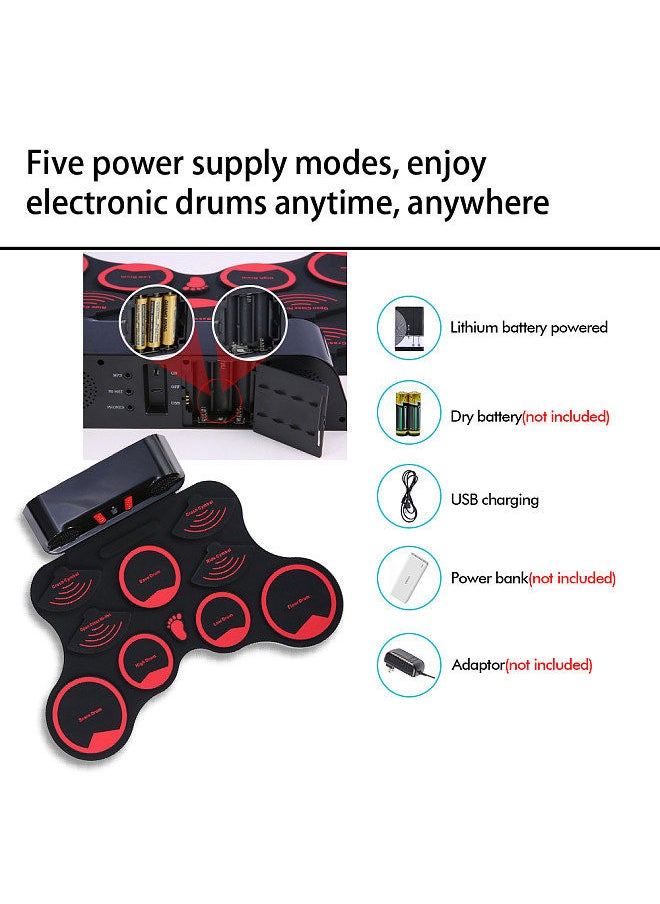 Generic - Portable Electronic Drum Set Digital Roll-Up MIDI Drum Kit 9 Silicon Durm Pads Built-in Stereo Speakers Rechargeable Lithium Battery with 2 Foot Pedals for Kids Children Beginners - Image 1