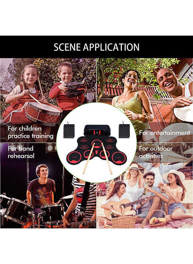 Generic - Portable Electronic Drum Set Digital Roll-Up MIDI Drum Kit 9 Silicon Durm Pads Built-in Stereo Speakers Rechargeable Lithium Battery with 2 Foot Pedals for Kids Children Beginners - Image 1