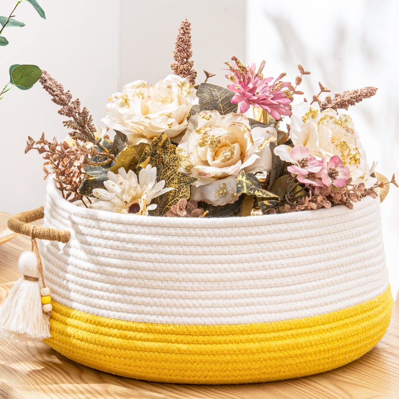 KAKAMAY Woven Baskets for Storage16x8Blanket Basket for Organizing Living RoomCotton Rope Basket Woven Baby Laundry HamperCollapsible Laundry Room OrganizationClothesToy ChestYellow - Image 2