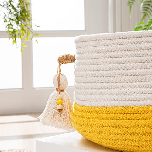 KAKAMAY Woven Baskets for Storage16x8Blanket Basket for Organizing Living RoomCotton Rope Basket Woven Baby Laundry HamperCollapsible Laundry Room OrganizationClothesToy ChestYellow - Image 3