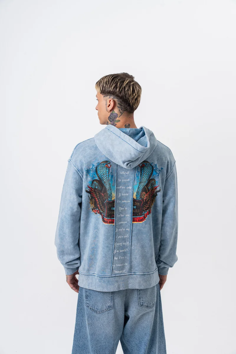 RESPIRE Men's Snake Printed Washed Hooded Oversize Hoodie Blue