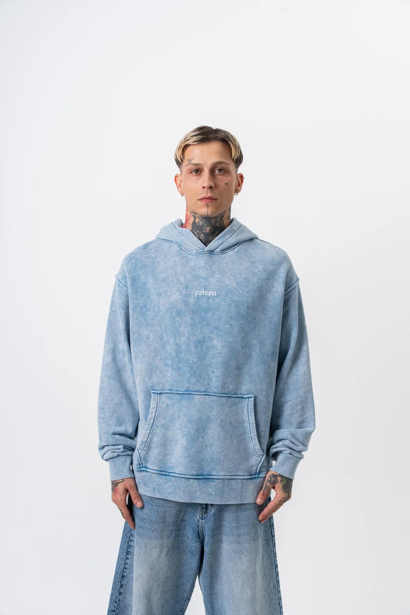 RESPIRE Men's Snake Printed Washed Hooded Oversize Hoodie Blue
