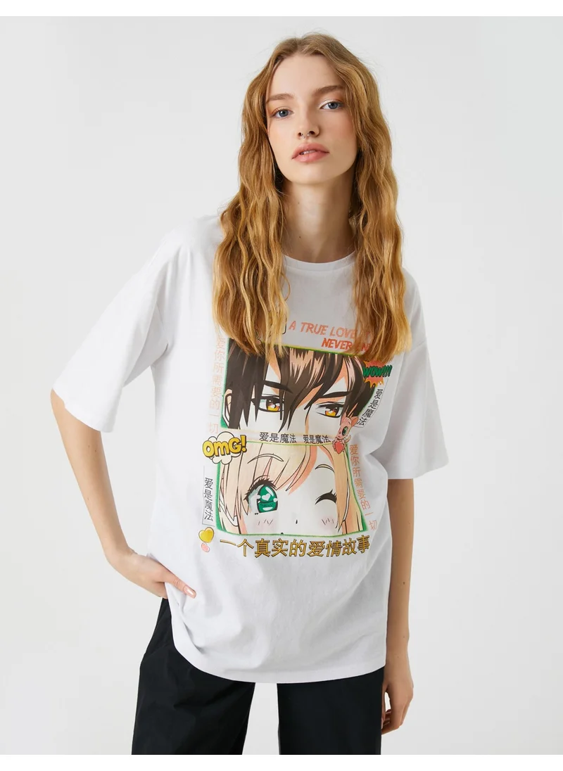 كوتون Anime T-Shirt Oversize Printed Short Sleeve Crew Neck