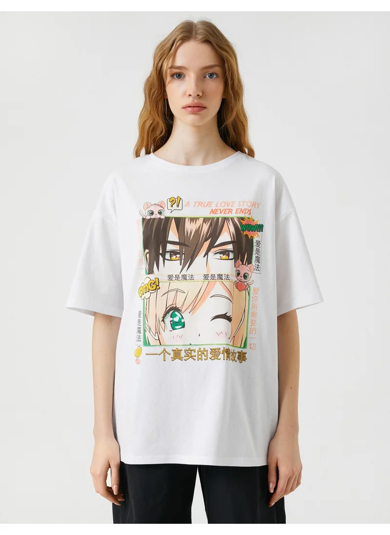 كوتون Anime T-Shirt Oversize Printed Short Sleeve Crew Neck