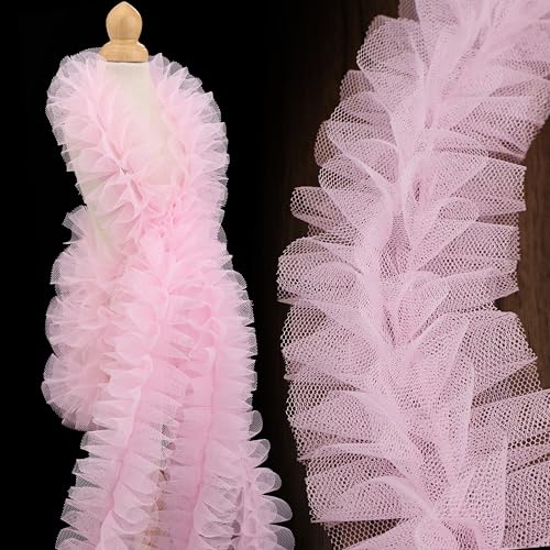 DHFLYDH Pink Ruffle Pleated Lace Trim 2 Yards Satin Ribbon Gather Edge for Applique Sewing Crafts, Home Decoration - Image 1